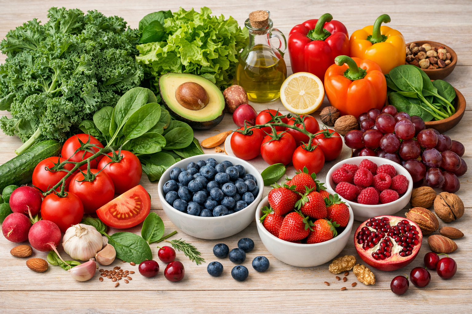 Fresh vegetables and fruits on a light wooden table, including leafy greens, tomatoes, bell peppers, and berries, representing healthy natural nutrition for cardiovascular wellness
